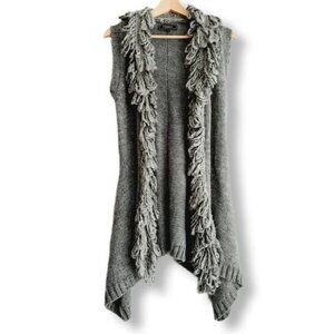 MINKAS Loop Fringe Collar Open Front Knit Vest Cardigan Sz M